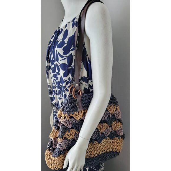 Woven Corn Husk Purse Handbag Tote Beach Straw Blue Tan 14x14 - Picture 8 of 9